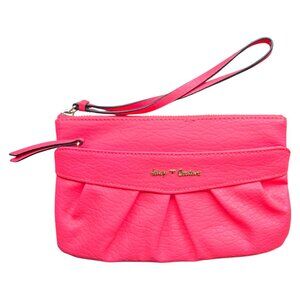 Juicy Couture Shocking Pink Pleated Wristlet Gold Script Logo and Crown Lining